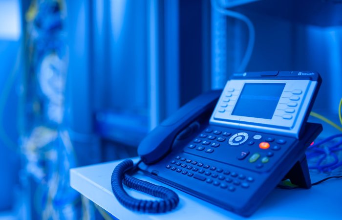 Close-up of a modern office phone in blue lighting. Ideal for tech and business themes.