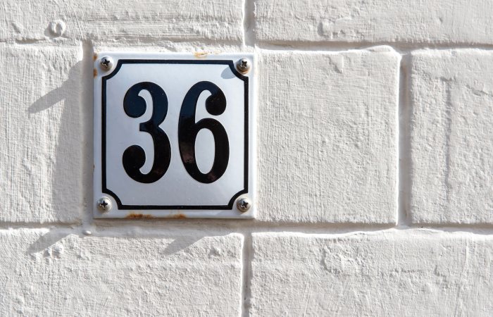 A classic street number 36 sign mounted on a textured white brick wall, with natural lighting and clear details.