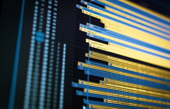 Close-up of a video editing timeline on a computer screen, showcasing modern technology.