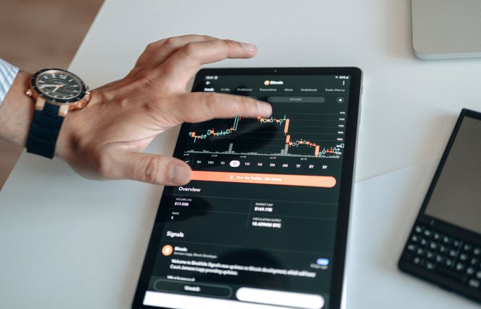 A person analyzing cryptocurrency market trends on a tablet device displaying digital charts.